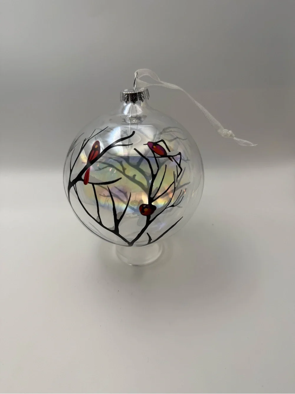 Source Unknown Iridescent Glass Ornament with Red Bird Motif